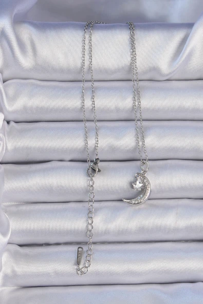 316L Çelik Zincir Gümüş Renk Zirkon Taşlı Sallantılı Ay Yıldız Kolye - TJ-BKO9062 - Resim 2