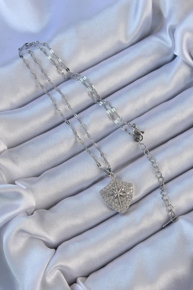 316L Çelik Zincir Gümüş Renk Zirkon Taşlı Kutup Yıldızı Kolye - TJ-BKO9126 - Resim 2