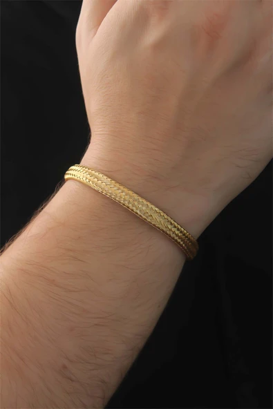 316L Çelik Altın Renk Hasır Görünüm Erkek Bileklik - TJ-EB3675 - Resim 3