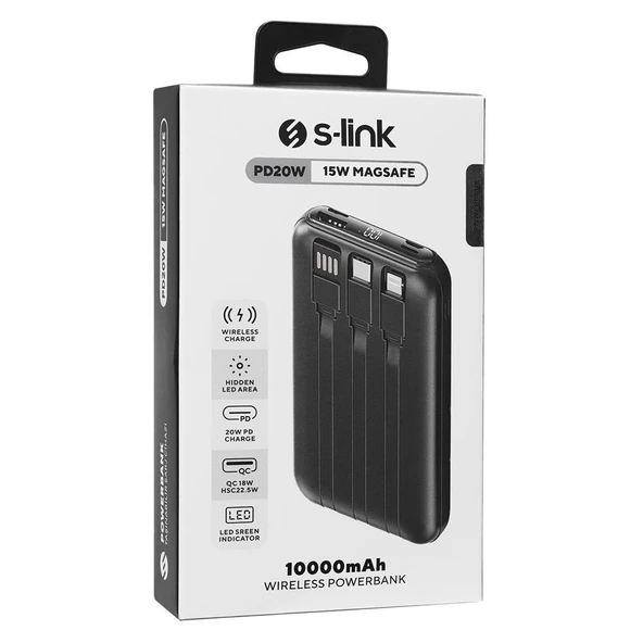 S-link P135 10000mAh 15W Magsafe Dahili Kablo Siyah Gizli LED Taşınabilir Pil Şarj Cihazı Power - 2