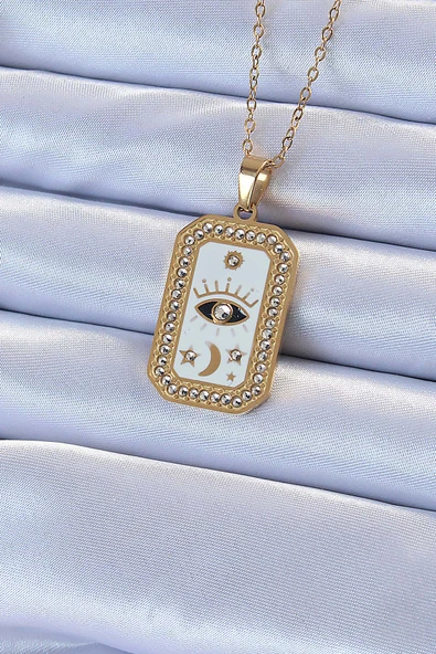 316L Çelik Zincir Altın Renk Mineli Zirkon Taşlı Göz Figür Tarot Kolye - TJ-BKO9215 ürün görseli