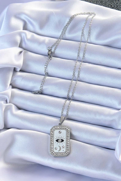 316L Çelik Zincir Gümüş Renk Mineli Zirkon Taşlı Göz Figür Tarot Kolye - TJ-BKO9214 - Resim 2