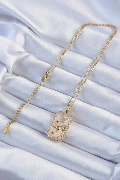 316L Çelik Zincir Altın Renk Zirkon Taşlı Boğa Figürlü Tarot Kolye - TJ-BKO9235 - Resim 2