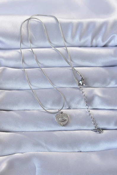 316L Gümüş Renk Zirkon Taşlı İşlemeli Göz Detay Kalp Kolye - TJ-BKO9285 - Resim 2