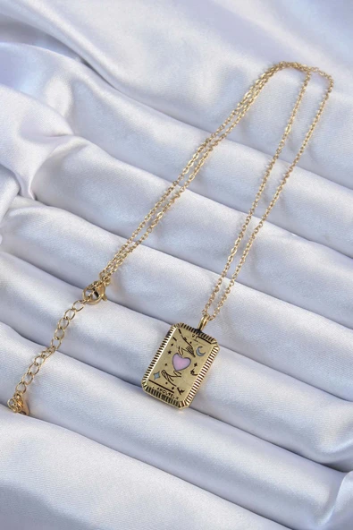 316L Çelik Zincir Eskitme Altın Renk Pembe Mineli Kalp Figürlü Tarot Kolye - TJ-BKO9231 - Resim 2