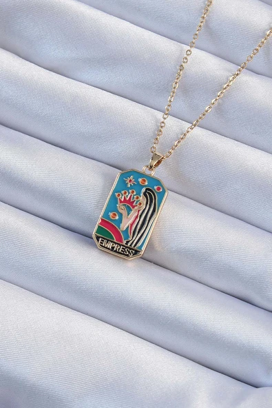 316L Çelik Zincir Altın Renk Taç ve Kız Figürlü Renkli Mineli Tarot Kolye - TJ-BKO9229 ürün görseli