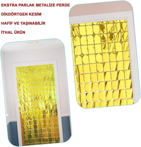 Nessiworld    Ekstra Metalize Altın Renk Disko Dikdörtgen Kesim Kapı Perdesi Dekorasyon 1x2 Metre