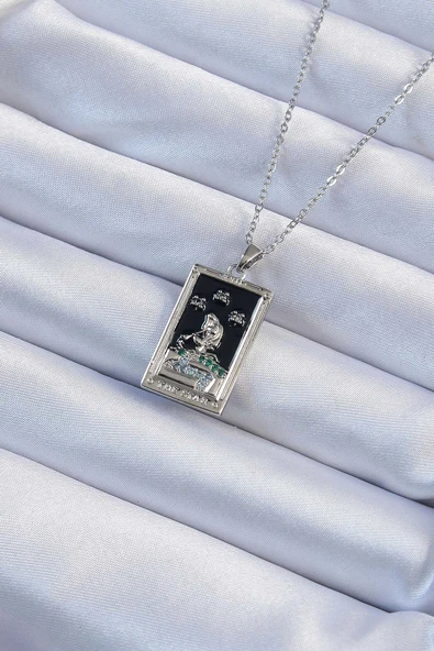 316L Çelik Zincir Gümüş Renk Zirkon Taşlı Siyah Mineli Kız Figürlü Tarot Kolye - TJ-BKO9228 ürün görseli
