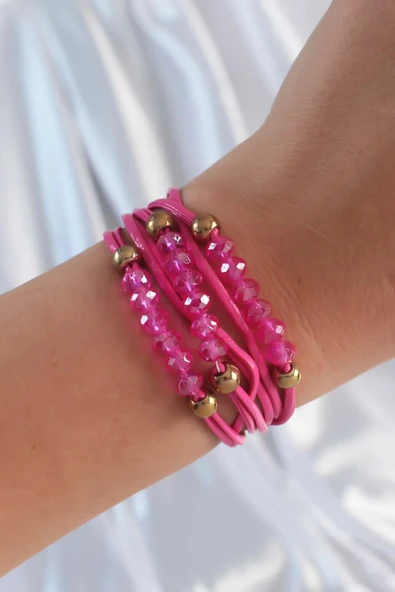 Pembe Renk Zirkon Taşlı İpli Çoklu Bileklik - TJ-BB6342 ürün görseli