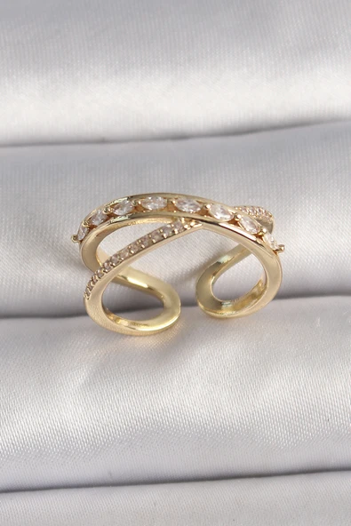 Pirinç Gold Renk Zirkon Taşlı Ayarlanabilir Kadın Yüzük - TJ-BYK3577