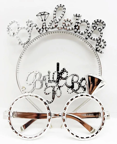 NessiWorld BrideToBeYazılıTaçveBrideToBeYazılıGözlükSetiGümüşRenk