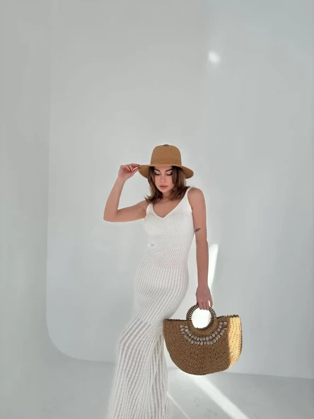 Örgülü Uzun Triko Elbise - Beyaz - 2