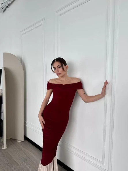 Striptiz Omuzlu Uzun Elbise- Bordo - 4