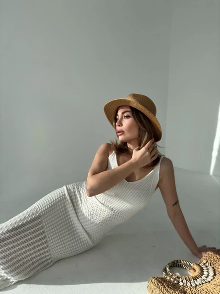 Örgülü Uzun Triko Elbise - Beyaz - 3