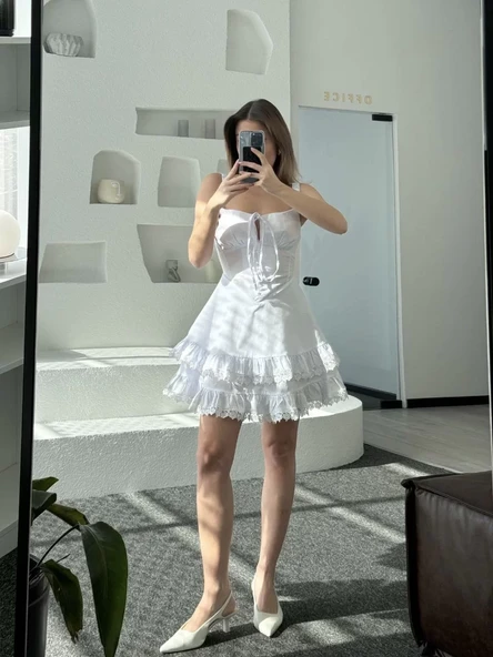 Mini Askılı Elbise - Beyaz - 7