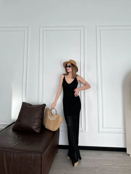 Örgülü Uzun Triko Elbise - Siyah - 2
