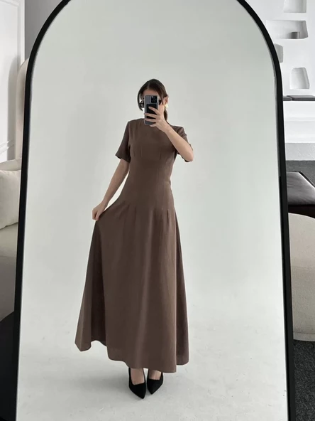 Kısa Kollu Uzun Elbise - Kahve