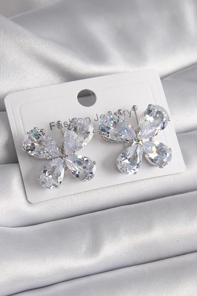 Pirinç Gümüş Renk Zirkon Taşlı Kelebek Model Kadın Küpe - TJ-BKP9613 ürün görseli