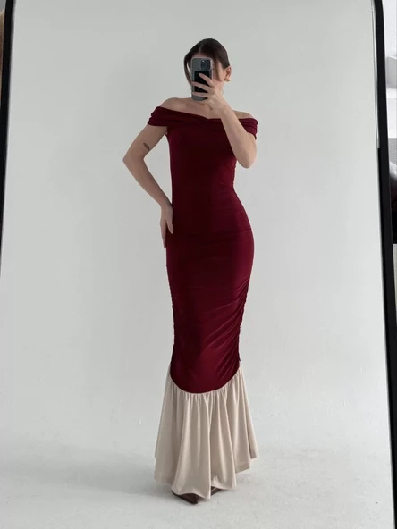 Striptiz Omuzlu Uzun Elbise- Bordo - 3