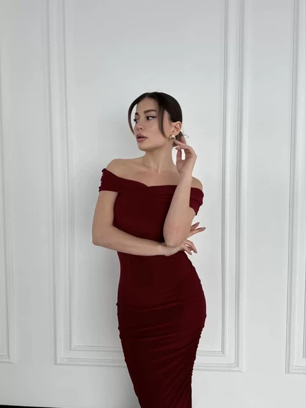 Striptiz Omuzlu Uzun Elbise- Bordo - 2
