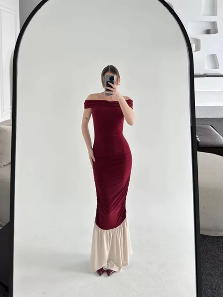 Striptiz Omuzlu Uzun Elbise- Bordo - 5