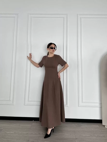 Kısa Kollu Uzun Elbise - Kahve - 2
