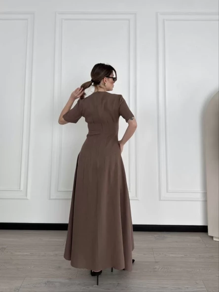 Kısa Kollu Uzun Elbise - Kahve - 3