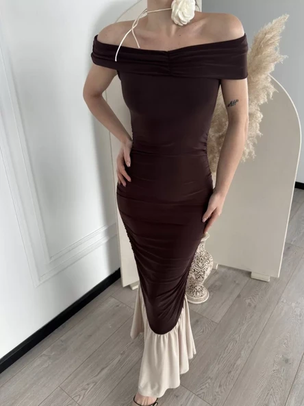 Striptiz Omuzlu Uzun Elbise- Kahve - 4