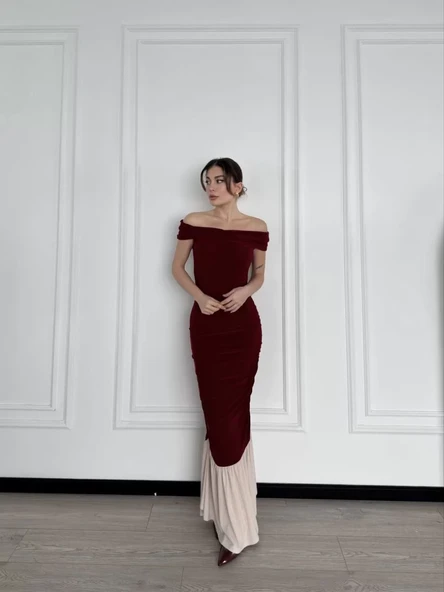 Striptiz Omuzlu Uzun Elbise- Bordo - 7