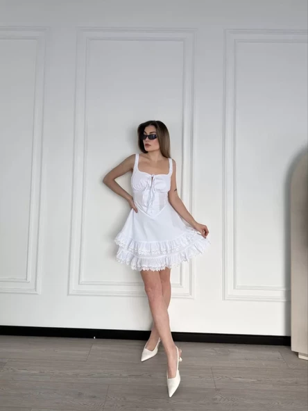 Mini Askılı Elbise - Beyaz - 6