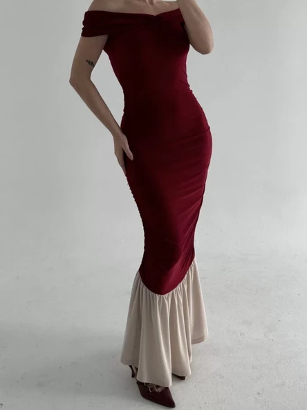 Striptiz Omuzlu Uzun Elbise- Bordo