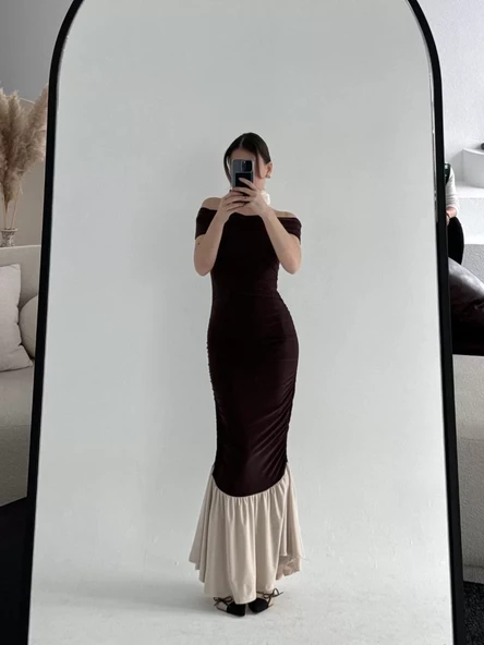 Striptiz Omuzlu Uzun Elbise- Kahve - 3