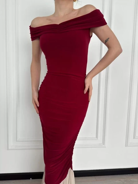Striptiz Omuzlu Uzun Elbise- Bordo - 6