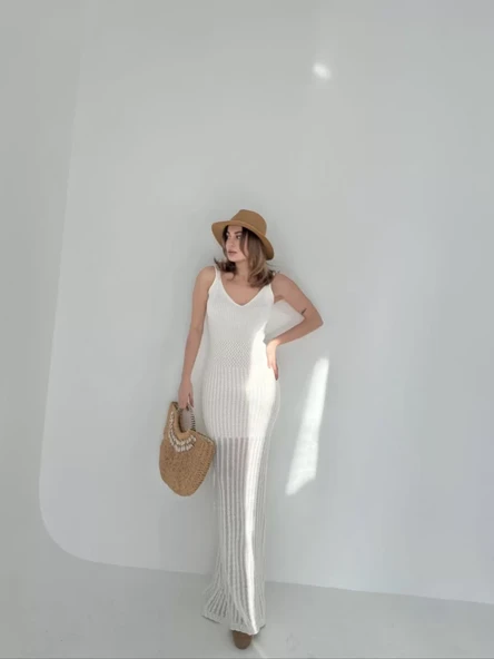 Örgülü Uzun Triko Elbise - Beyaz