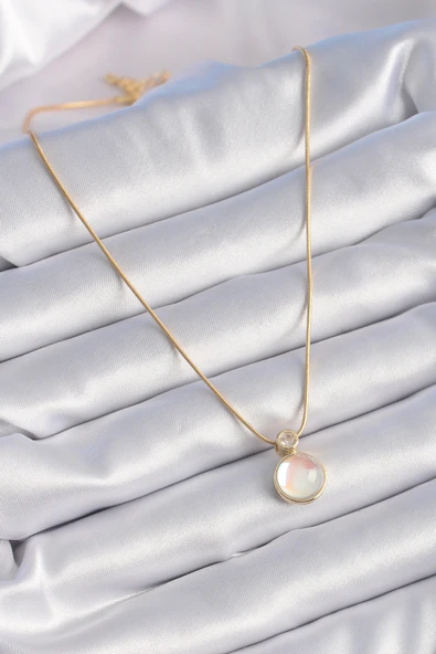 316L Çelik Gold Renk Beyaz Sedefli Vintage Kadın Kolye - TJ-BKO9328 - Resim 2