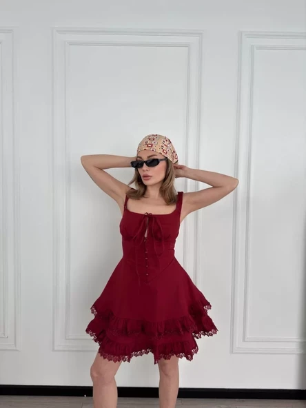 Mini Askılı Elbise - Bordo - 6