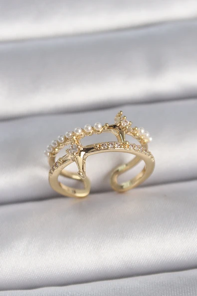 Pirinç Gold Renk Ayarlanabilir Zirkon Taşlı İncili Yıldız Model Kadın Yüzük - TJ-BYK3392 ürün görseli