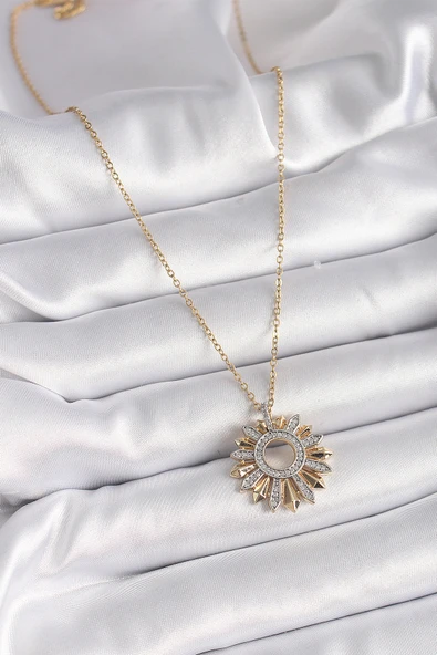 316L Çelik Gold Renk Zincir Zirkon Taşlı Mix Renk Güneş Model Kadın Kolye - TJ-BKO9477 - Resim 2