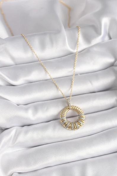 316L Çelik Gold Renk Zincir Gümüş Zirkon Taşlı Daire Model Kadın Kolye - TJ-BKO9481 - Resim 2