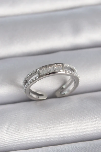 Pirinç Gümüş Renk Ayarlanabilir Sıralı İncili Zirkon Taşlı Kadın Yüzük - TJ-BYK3381 ürün görseli