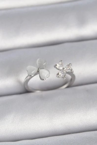 Pirinç Gümüş Renk Ayarlanabilir Zirkon Taşlı Beyaz Mineli Kalp Model Kadın Yüzük - TJ-BYK3389 ürün görseli