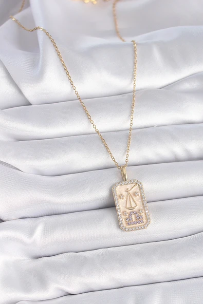 316L Çelik Gold Renk Zincir Terazi Burcu Zirkon Taşlı Kadın Kolye - TJ-BKO9469 - 2