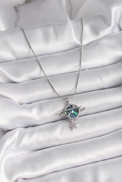 316L Çelik Gümüş Renk Zincir Zirkon Taşlı Gezegen Model Kadın Kolye - TJ-BKO9478 - Resim 2