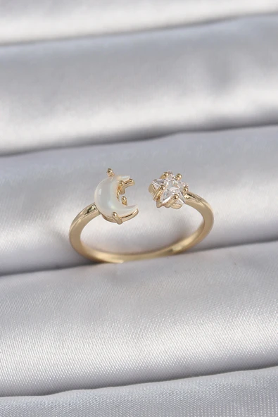 Pirinç Gold Renk İncili Hilal Zirkon Taşlı Yıldız Ayarlanabilir Model Kadın Yüzük - TJ-BYK3360 ürün görseli