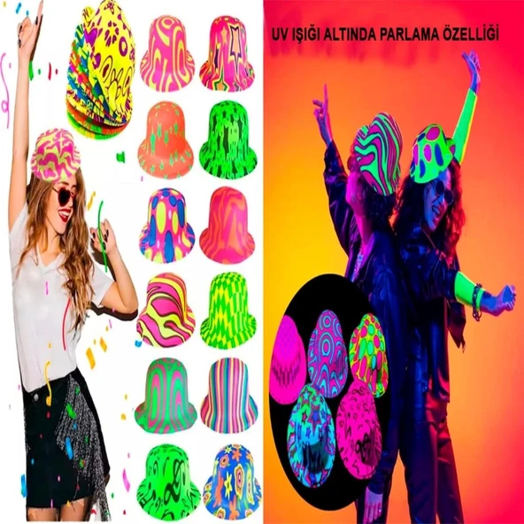 Nessiworld Farklı Desenlerde Plastik Neon UV Işık Parti Şapkası 1 Adet - 2