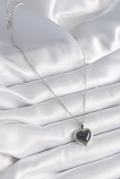 316L Çelik Gümüş Renk Yeşil Mineli Kalp Model Kadın Kolye - TJ-BKO9526 - Resim 2