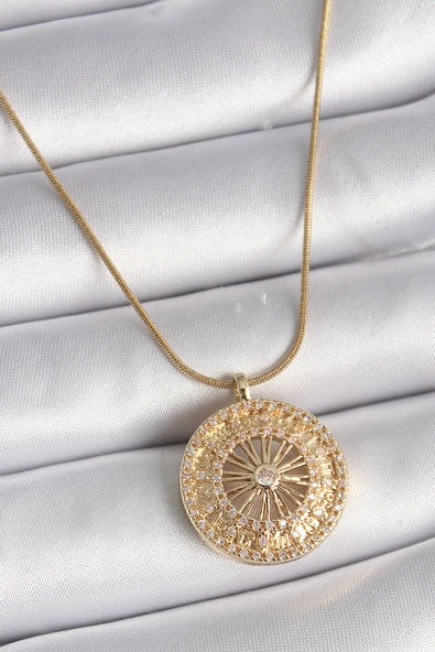 316L Çelik Gold Renk Zirkon Taşlı 12 Burç Madalyon Model Kadın Kolye - TJ-BKO9542 ürün görseli