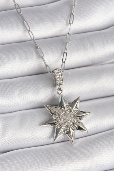 316L Çelik Gümüş Renk Zirkon Taşlı Kutup Yıldızı Model Kadın Kolye - TJ-BKO9531 ürün görseli