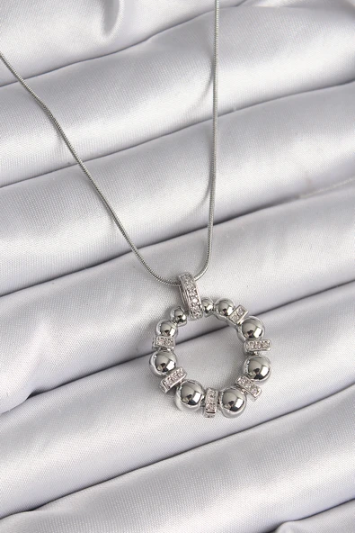 316L Çelik Gümüş Renk Zincir Zirkon Taş Detaylı Bombeli Halka Model Kadın Kolye - TJ-BKO9604 ürün görseli 1