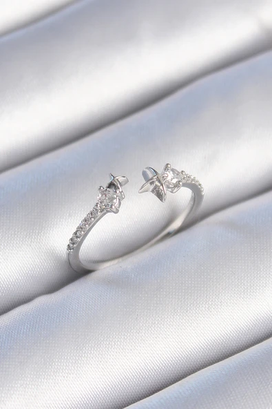 Pirinç Gümüş Renk Zirkon Taş Detay Yıldız Model Kadın Yüzük - TJ-BYK3447 ürün görseli 1